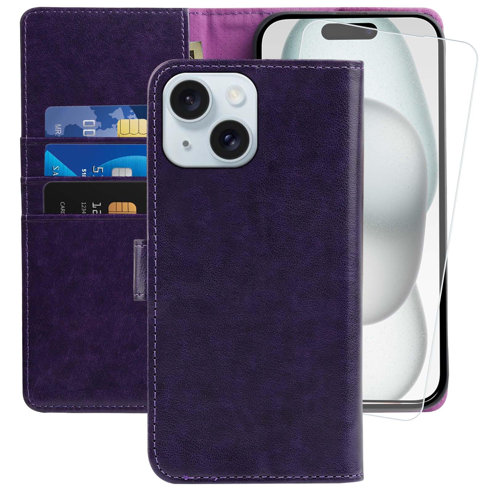 MONASAY for iPhone 15 5G Wallet Case,[Glass Screen Protector Included] [RFID Blocking] Flip Folio Leather Cell Phone Cover with Credit Card Holder case, 6.1-inch, 6.1-inch, Purple