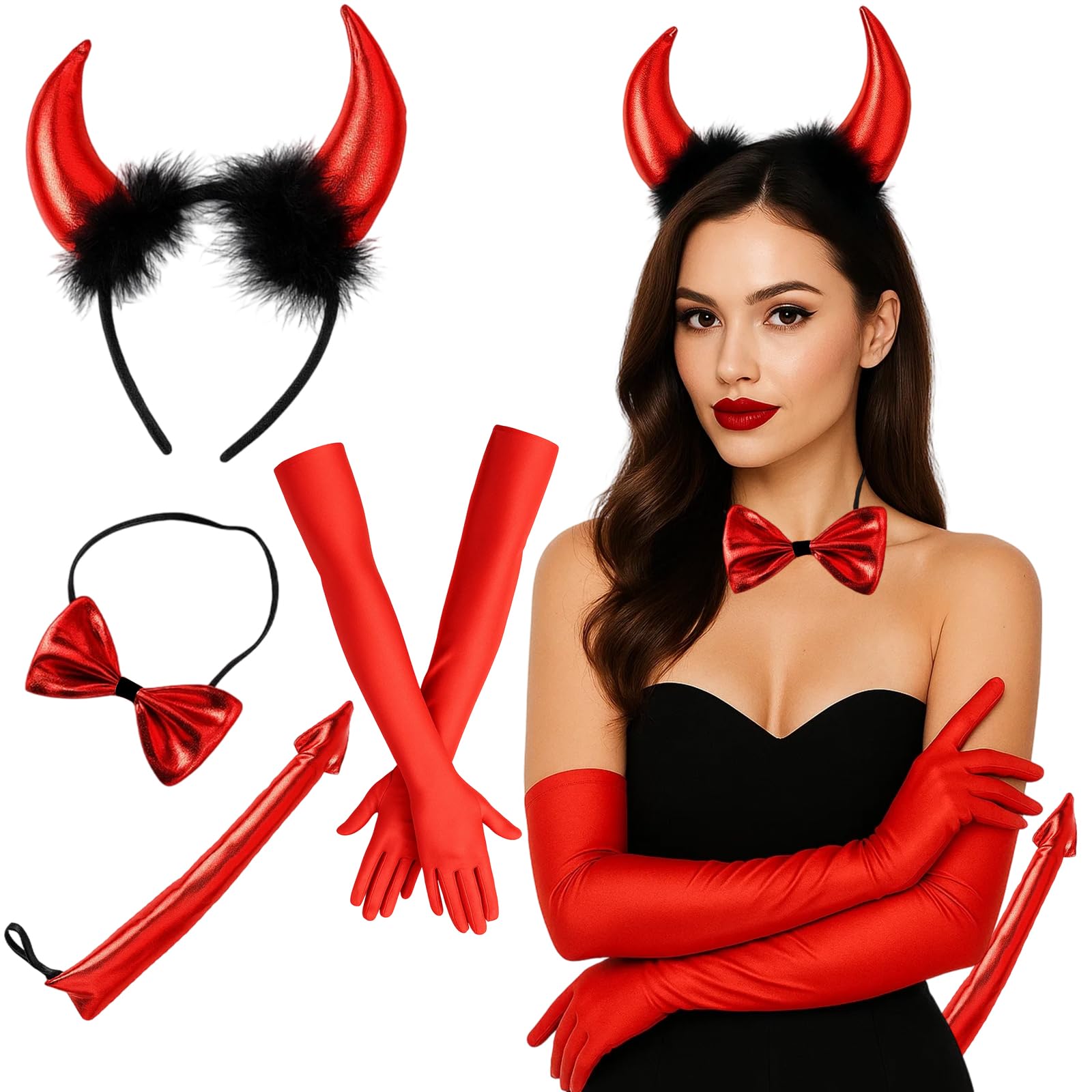 Devil Costume 4-Piece Set, Devil Horns Headband with Bow Tie, Tail and Gloves, Women’s Halloween Accessories for Parties, Carnival and Stage Performances