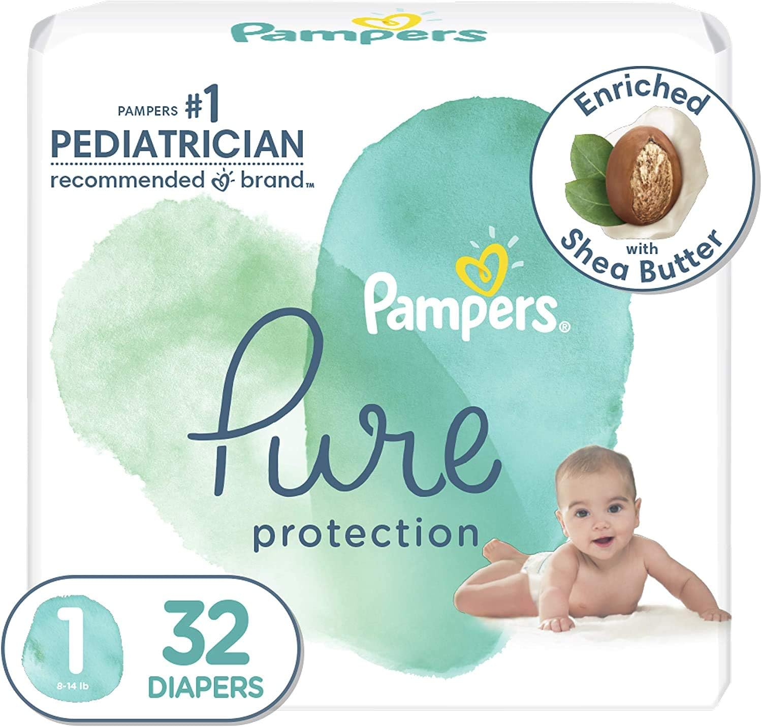 Diapers Newborn/Size 1 (8-14 lb), 32 Count - Pampers Pure Protection Disposable Baby Diapers, Hypoallergenic and Unscented Protection, Jumbo Pack (Packaging May Vary): Health & Personal Care