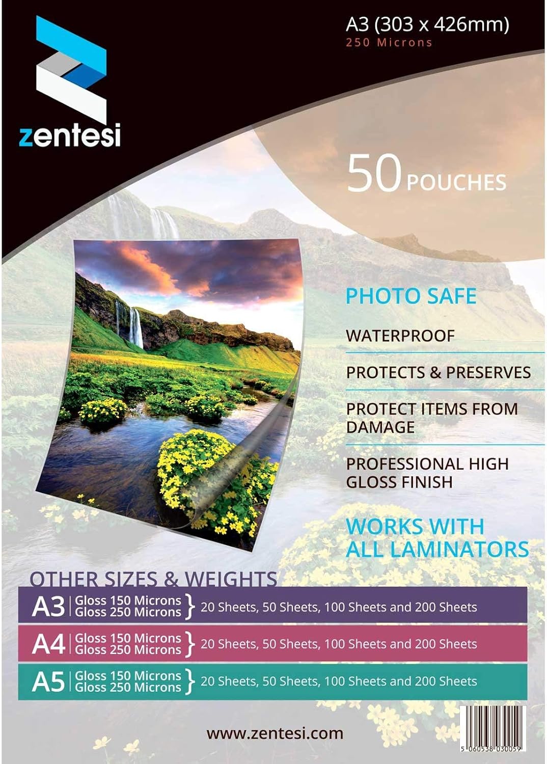 Zentesi A3 Laminating Pouches High Gloss Laminator Sheets 250 Micron