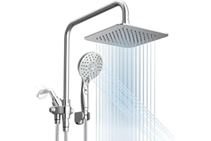 Ryamen Dual Shower Head Combo, 8'' High Pressure Rain/Rainfall Shower Head, 6 Settings Adjustable Handheld Showers, with 15" Height Adjustable Slide Bar, Holder/Hose, Angle Adjustable, Chrome