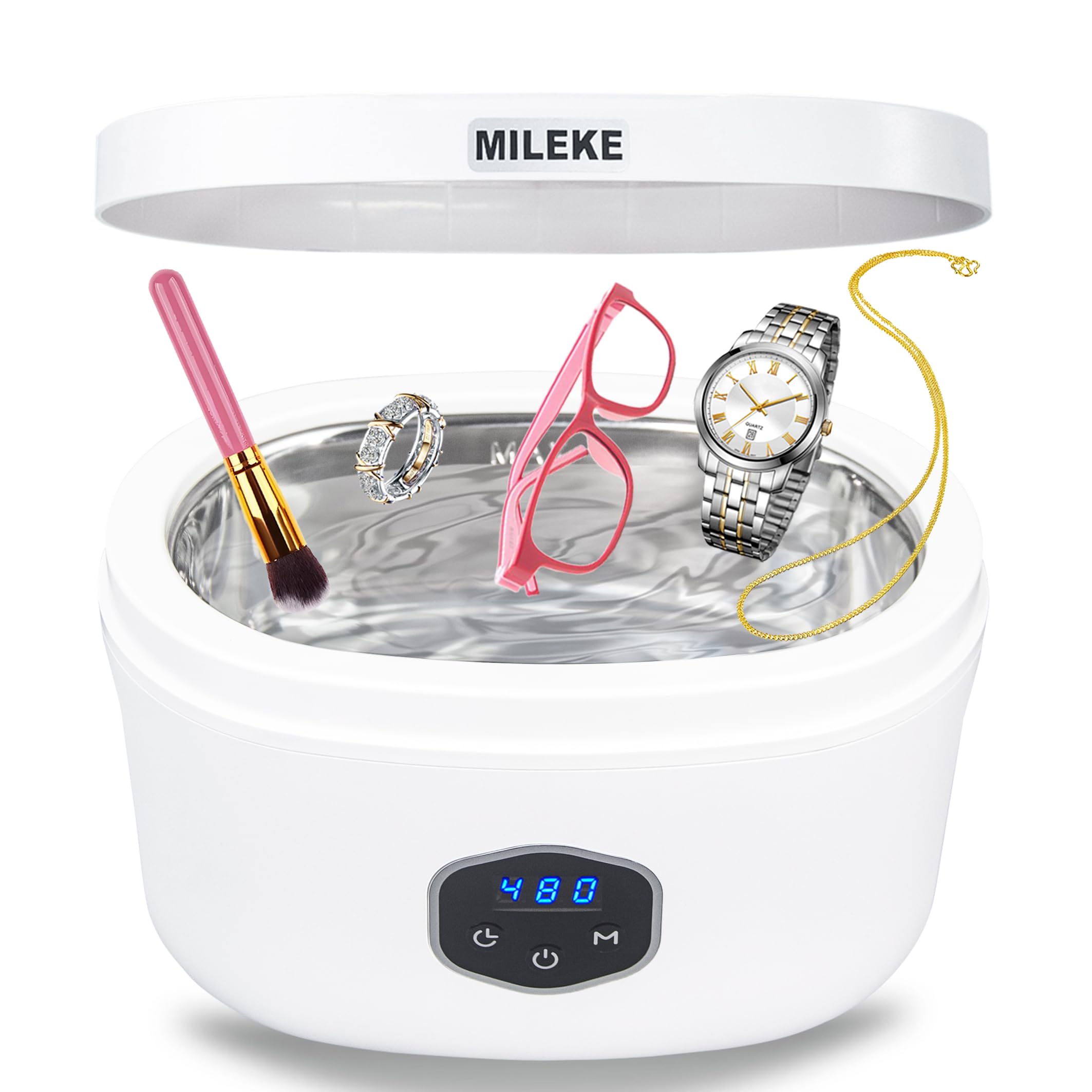 Ultrasonic Jewelry Cleaner, Sonic Eyeglasses Cleaner, 600ml Silver Jewelry Cleaner with Degas Function, Cosmetic Brush and Watch Cleaner in 5 Time Mode, 110V30W Necklace and Ring Cleaner 40KHz 20oz