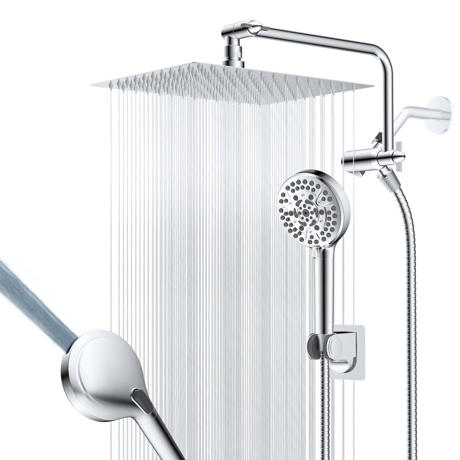 Photo 1 of 12" All Metal Shower Head, High Pressure Rainfall Shower Head/Handheld Showerhead Combo with 11" Adjustable Shower Extension Arm, 71" Hose, Shower Head Holder, Chrome