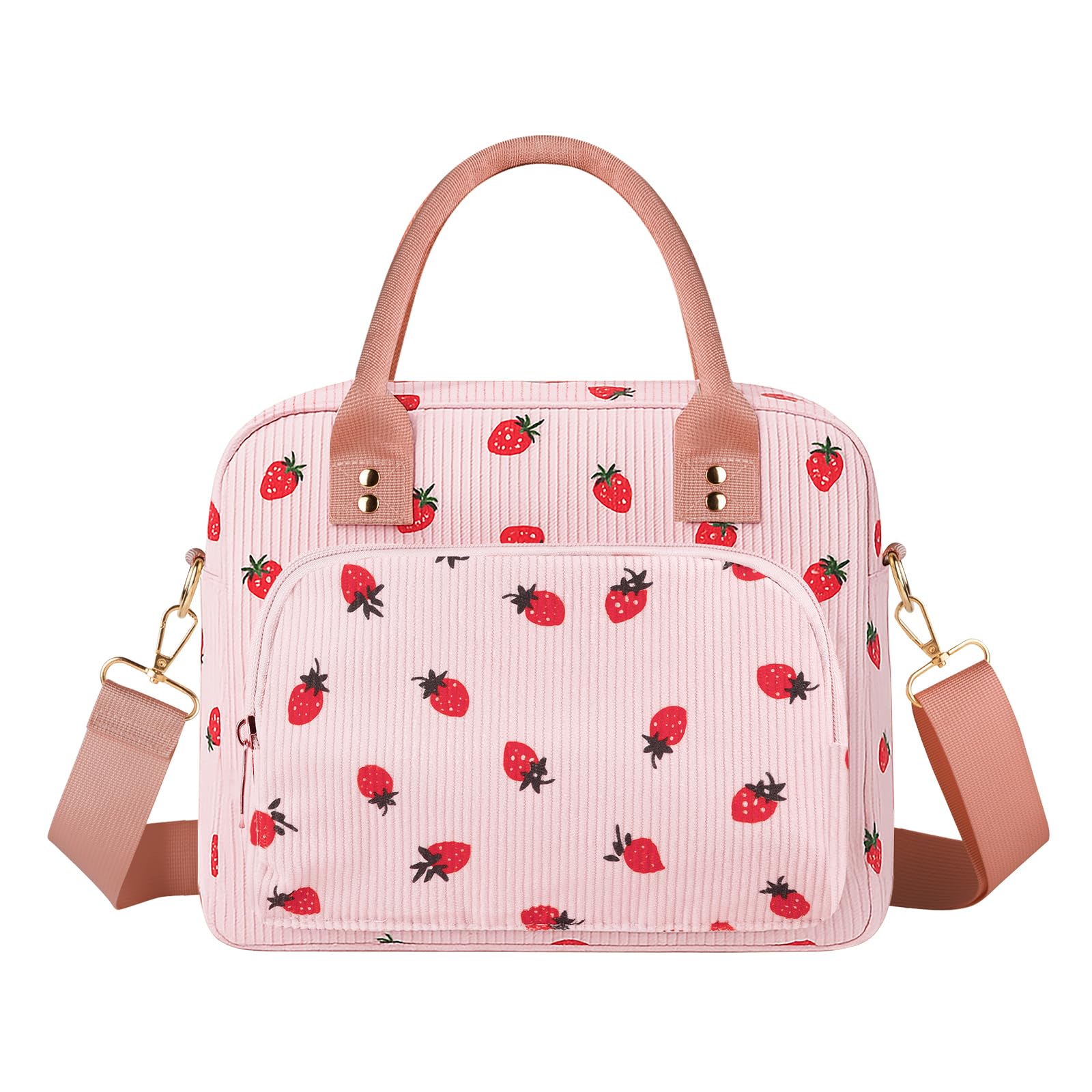 Photo 1 of **MAJOR DAMAGE**
Lunch Bag Large Insulated Lunch Box for Women Adult Cute Pink Strawberry Lunchbox Corduroy Lunch Bags Boxes Pail with Shoulder Strap for Work Mom Picnic Office Travel 11.4×6.8×9.1 inches 11.5L
