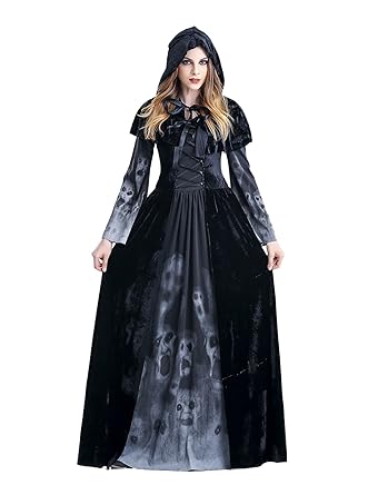 Asskyus Frauen Halloween Hooded Robe Kostüm Hexe Kostüm Kleid Party Cosplay