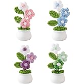 YueLvoe 4Pcs Crochet Flowers, Handmade Potted Plants, Knitted Flower, Cute Desk Flowers, Crochet Plants for Car Dashboard, Desk, Home, Office, Party Decor (A)
