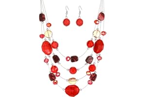 ERRALLY Layered Chunky Beaded Necklace for Women Colorful Multi-Layer Statement Necklace and Earrings Set Gift for Her