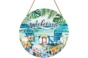 ADIKJXQH Welcome Summer Sea Chair Front Door Sign 12 X 12 Inches Summer Door Hanger Wall Pediment Round Wooden Beach Wreaths for Front Door, Farmhouse Summer Welcome Wall Hanging