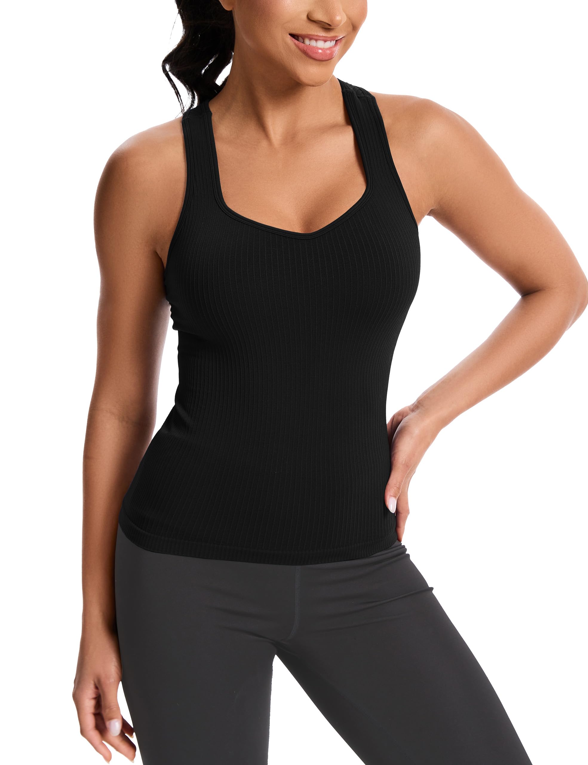 Photo 1 of MathCat Women's Workout Tank Top with Built-in Bra, Slight V-Neck Racerback Sports Shirt, Breathable Athletic Camisole Black