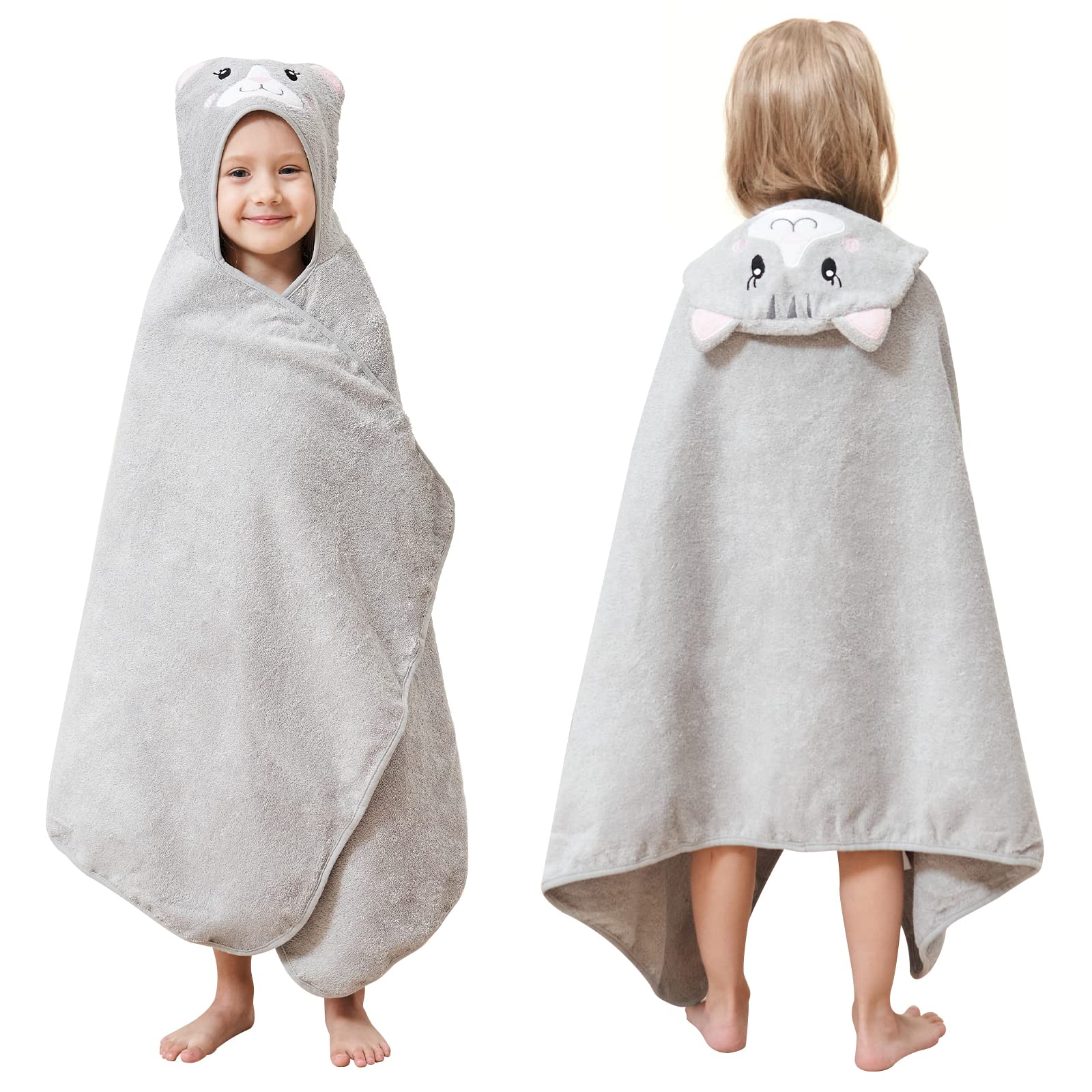 Photo 1 of Style Quarters 100% Cotton Kids Hooded Bath Towel with Embroidery - Large 50"x24" Soft Terry Toddler Beach Towel, Cartoon Cat Hooded Towel for Boys & Girls (Grey Cat)