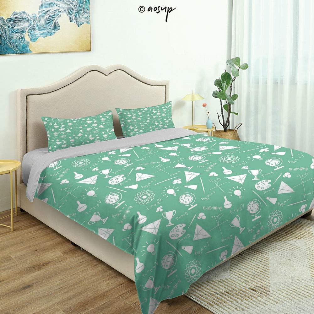 Homenon 3 Piece Queen/King Size Bedroom Decor Educational Elements Globe Formula Flasks Molecules DNA Graphic Quilts Cover with 2 Pillow Cover for Children Teen Boy Adult Beding Set (Queen)