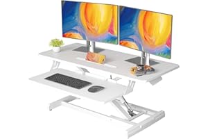 JOY worker Standing Desk Converter, 35" Wide Height Adjustable Sit Stand Up Desk Riser with Keyboard Tray, Desktop Workstation Riser for Home Office Computer Laptop, Particle Board, White