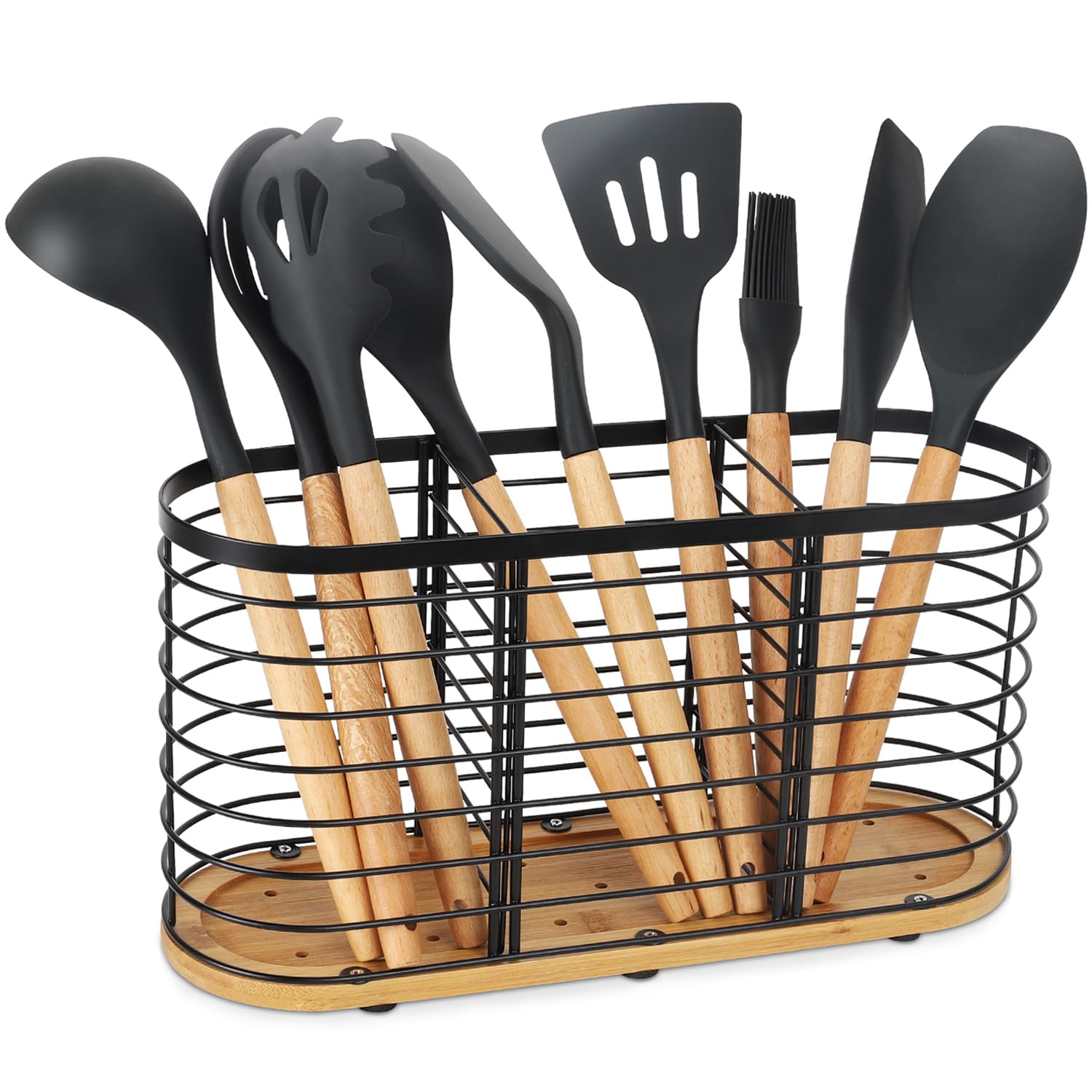 buysigo Large Bamboo Base Matte Black Utensil Organizer - Farmhouse Cooking Spatula Holder