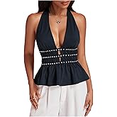 Verdusa Sexy Going Out Tops for Women Y2k Beaded Halter Tops Ruffle Deep V Neck Sleeveless Clubwear