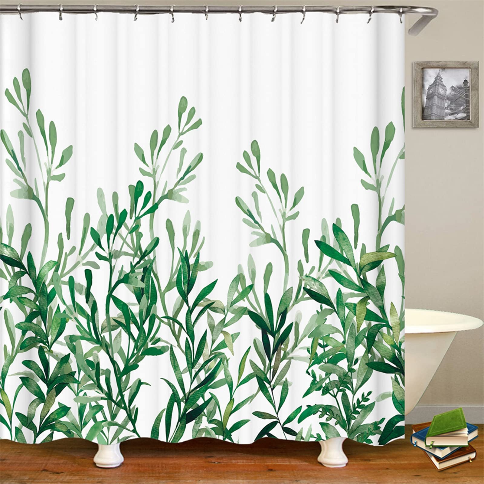 Textile Shower Curtain 180 x 200 cm Green White Shower Curtain Bathtub Jungle Shower Curtain Leaves Shower Curtain Anti-Mould Large Shower Curtain Polyester