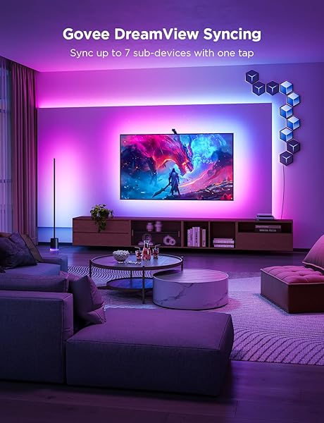 GOVEE TV BACKLIGHT 3 LITE WITH FISH-EYE CORRECTION FUNCTION SYNC TO 55-65 INCH TVS, 11.8FT RGBICW WI-FI LED STRIP LIGHTS WITH CAMERA, 4 COLORS IN 1 LAMP BEAD, VOICE AND APP CONTROL, ADAPTER