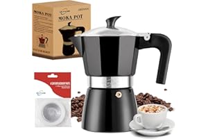 MVPLUE Greca Stovetop Espresso Maker 6 Cup 9.9 oz ，Cuban Coffee Maker Aluminum Knight Black，Moka Pot includes 1 Filter and 3 Silicone Gasket Seals，Make Delicious Coffee Easily at Home And Camping