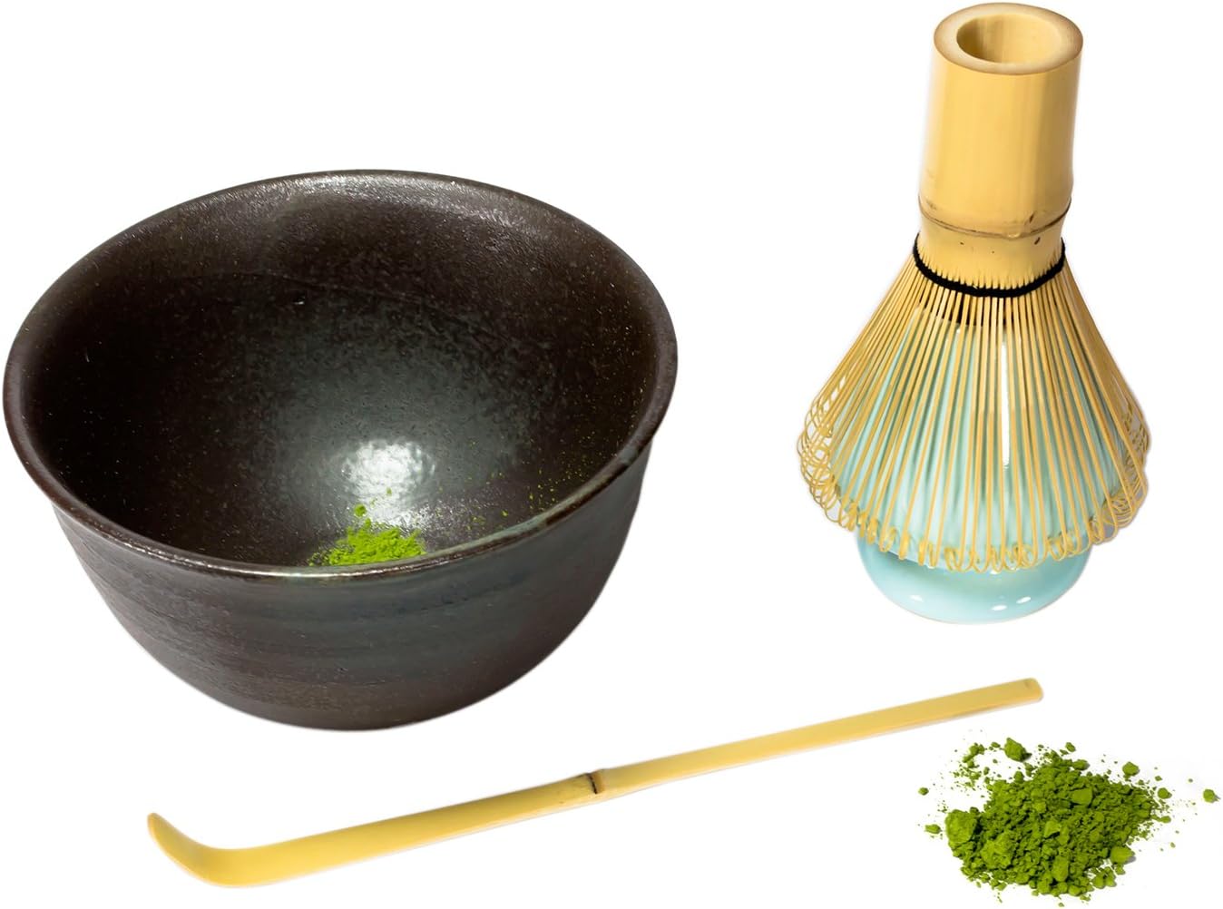 KENKO - Japanese Matcha Tea Ceremony Set 4 Pce - Bamboo Whisk, Matcha Scoop, Ceramic Matcha Bowl + Whisk Stand - Make Matcha Green Tea at Home with this Matcha Accessories Kit