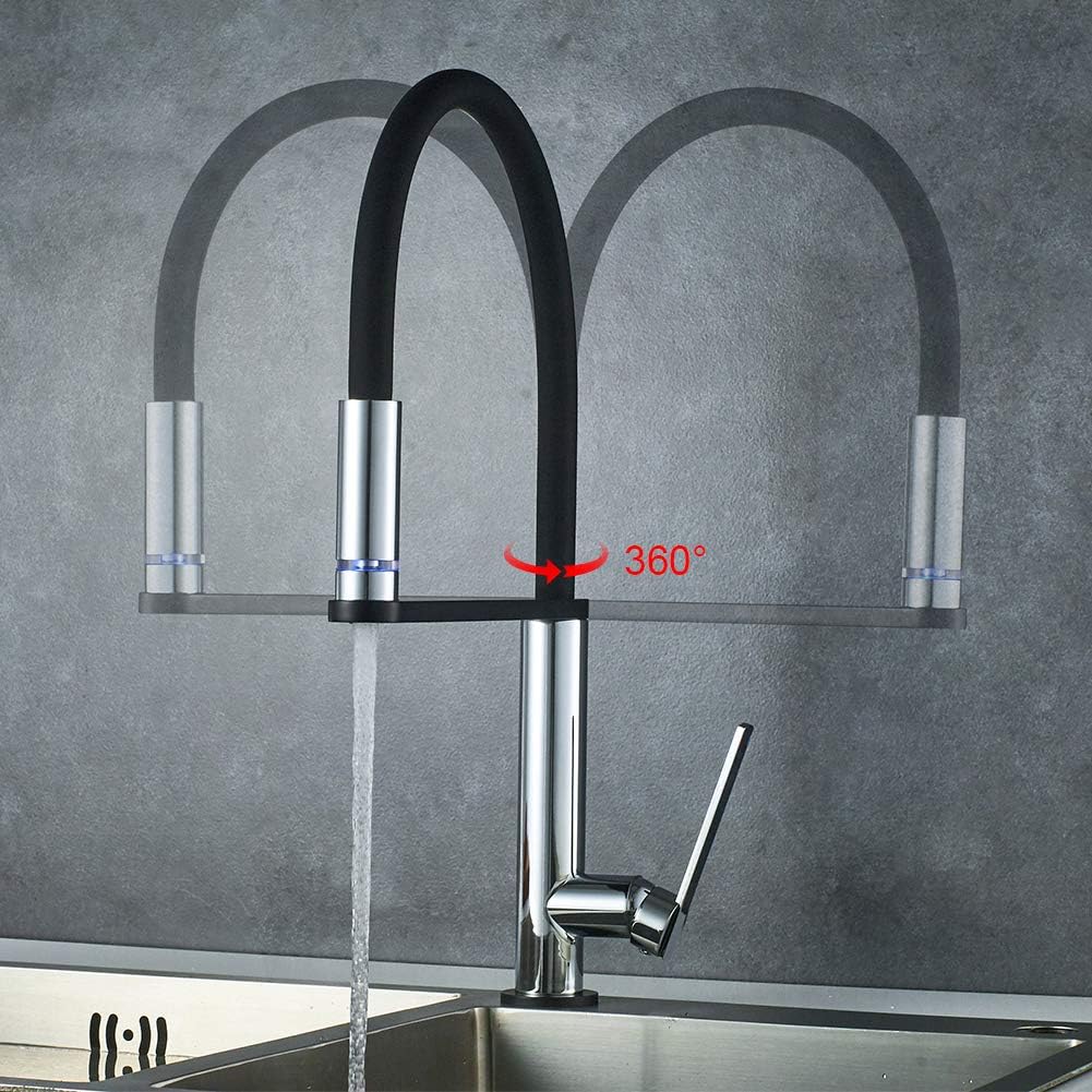 GRIFEMA DOVER-G14002B LED Kitchen Sink Mixer Tap with Super Flexible Spout, 3 Color Changes, 3/8 Inch Hose, Chrome/Black - Image 4