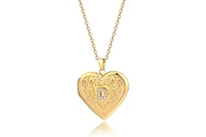 Badu Gold Initial A-Z Necklace for Women Heart Photo Lockets that Hold Picture Love Image Cubic Zirconia Necklace