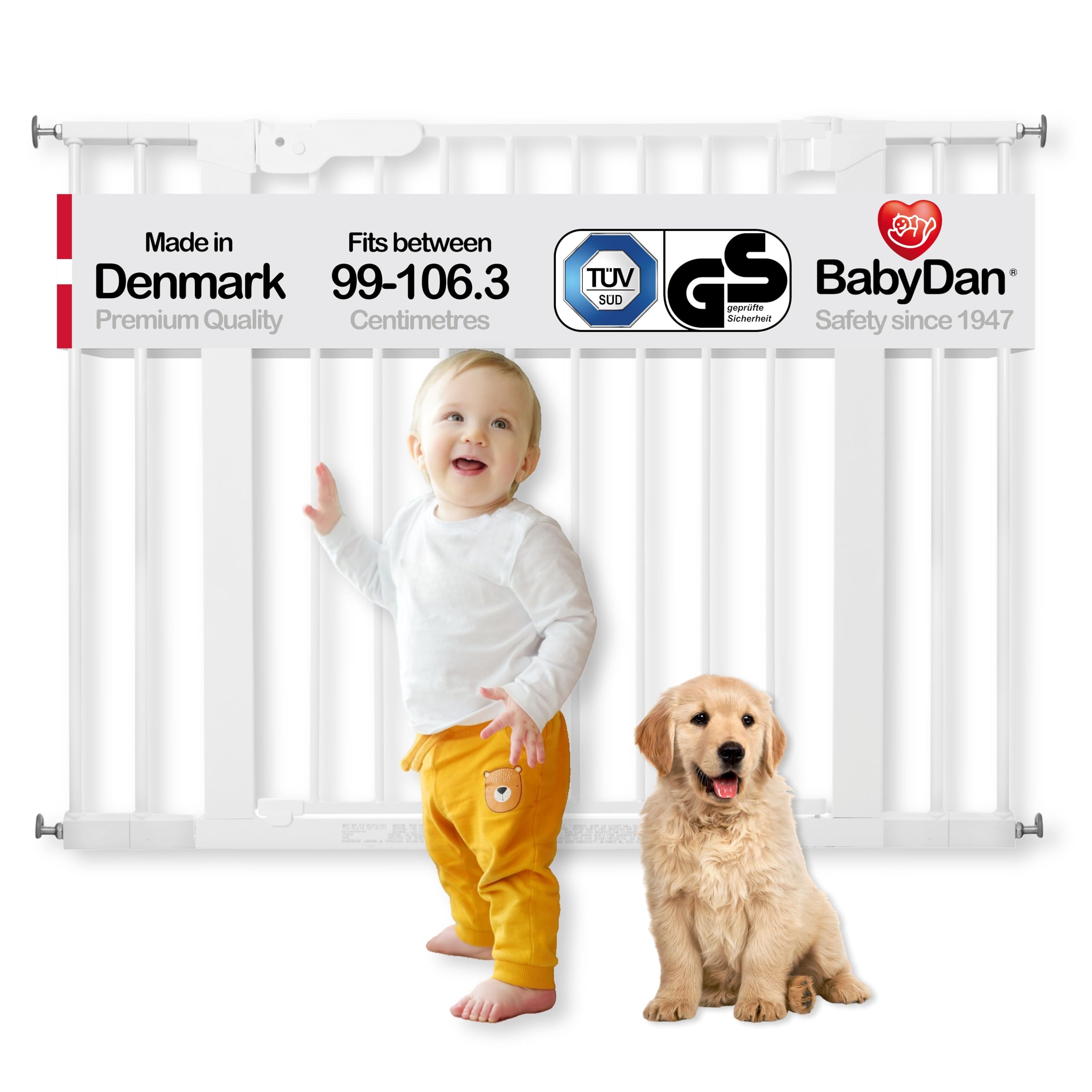 BabyDan Premier, Extra Wide Pressure Fit Stair Gate, 99-106.3 cm, Baby Gate/Safety Gate, Metal, White, Made in Denmark - (Pet Gate/Dog gate)