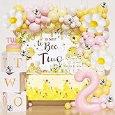 Fiesec Bee 2nd Birthday Decorations for Girls – 117PCs So Sweet to Bee Two Party Supplies Set with Backdrop, Tablecloth, Pink Yellow Balloon Garland Kit for 2 Year Old Birthday Girl