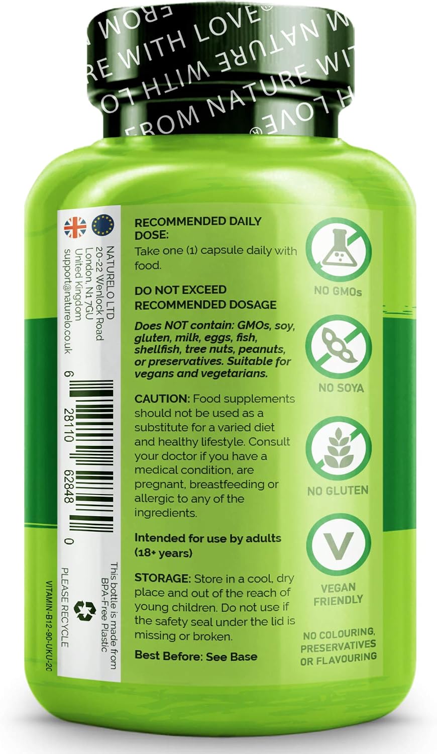 NATURELO Vegan B12 with Spirulina, High Potency 1000mcg Bio-Available Methylcobalamin - Image 3