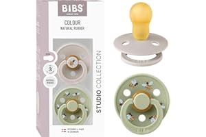 BIBS Studio Soother 2-Pack, BPA Free Dummy Pacifier, Round Nipple. Natural Rubber Latex, Made in Denmark, Size 3 (18+ Months), Mushroom/Sage