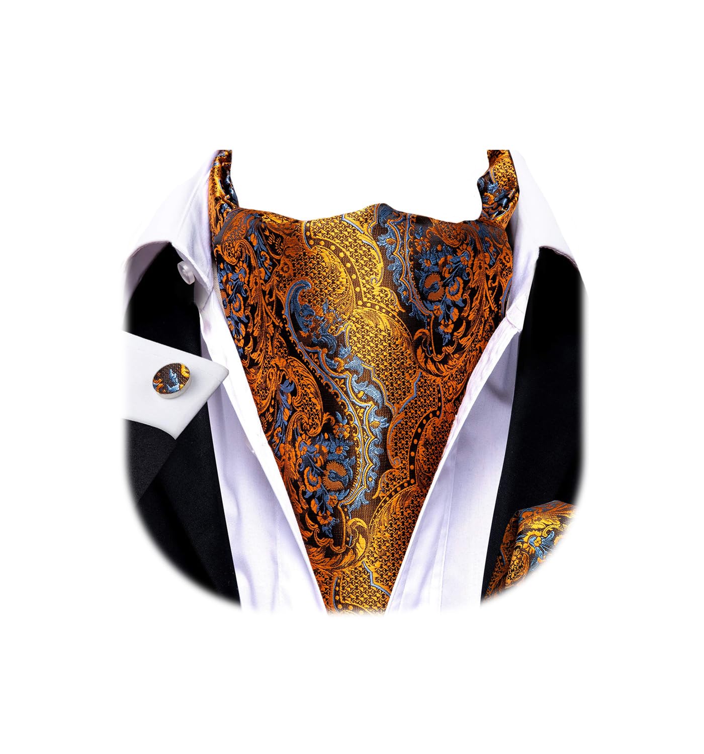 Dubulle Paisley Floral Orange Blue Ascot for Men Mens Self Tie Cravat and Pocket Square Cufflinks Set Wedding Business