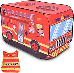 FUN LITTLE TOYS Fire Truck Pop Up Play Tent for Kids with Fireman Costume, Kids Tent for Indoor & Outdoor