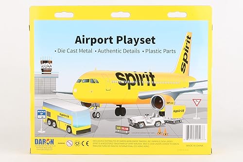 Daron Spirit Airlines Airport Playset with Die-Cast Metal Model Airplane  with Plastic Parts, Cars and Transpor