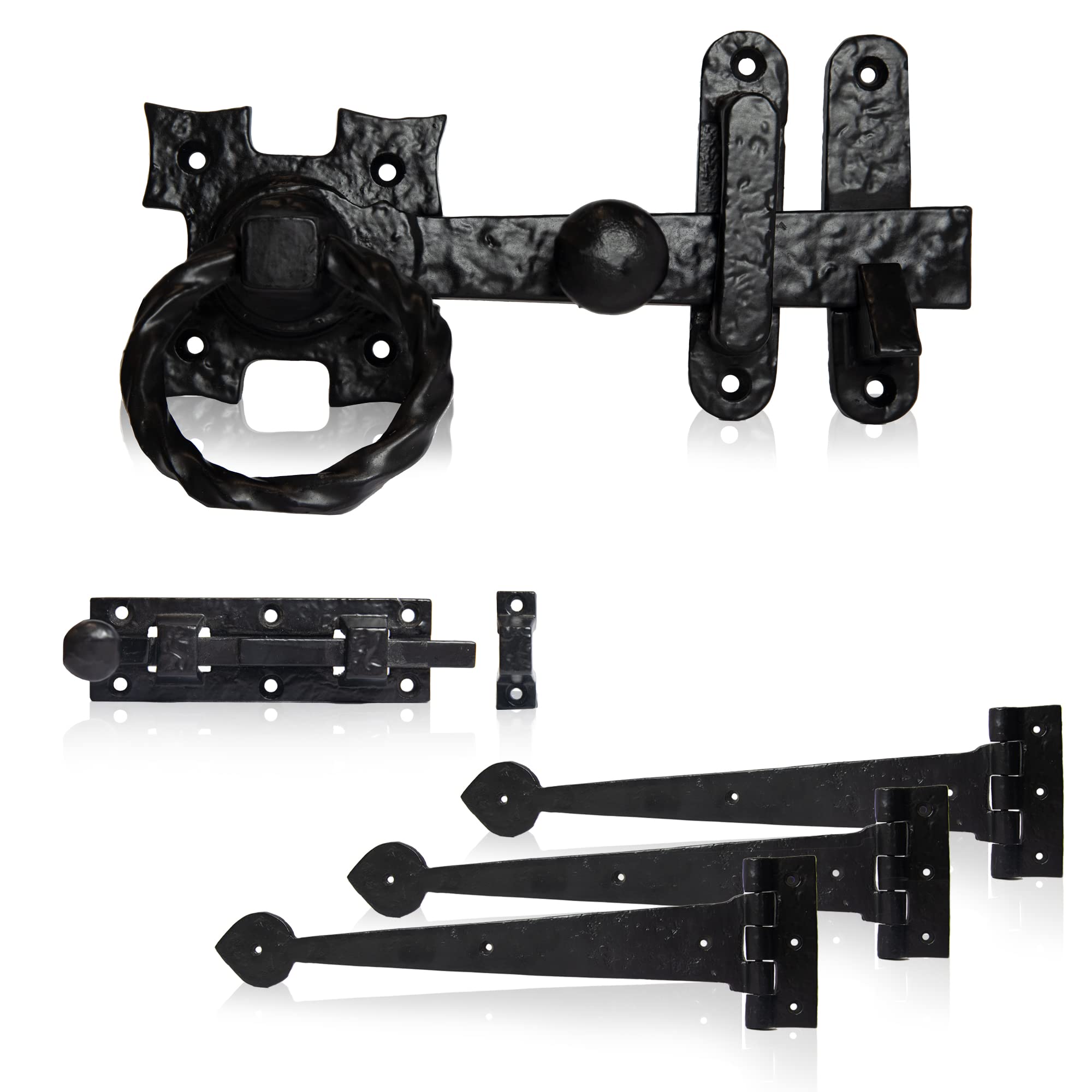 XFORT Smithy's Range Rope Ring Gate Latch Pack, Black Antique Finish Ring Gate Latch, Hinges And Straight Bolt. Corrosion Resistan, Ideal For External Use As A Garden Gate Latch, Shed & Barn Door Lock