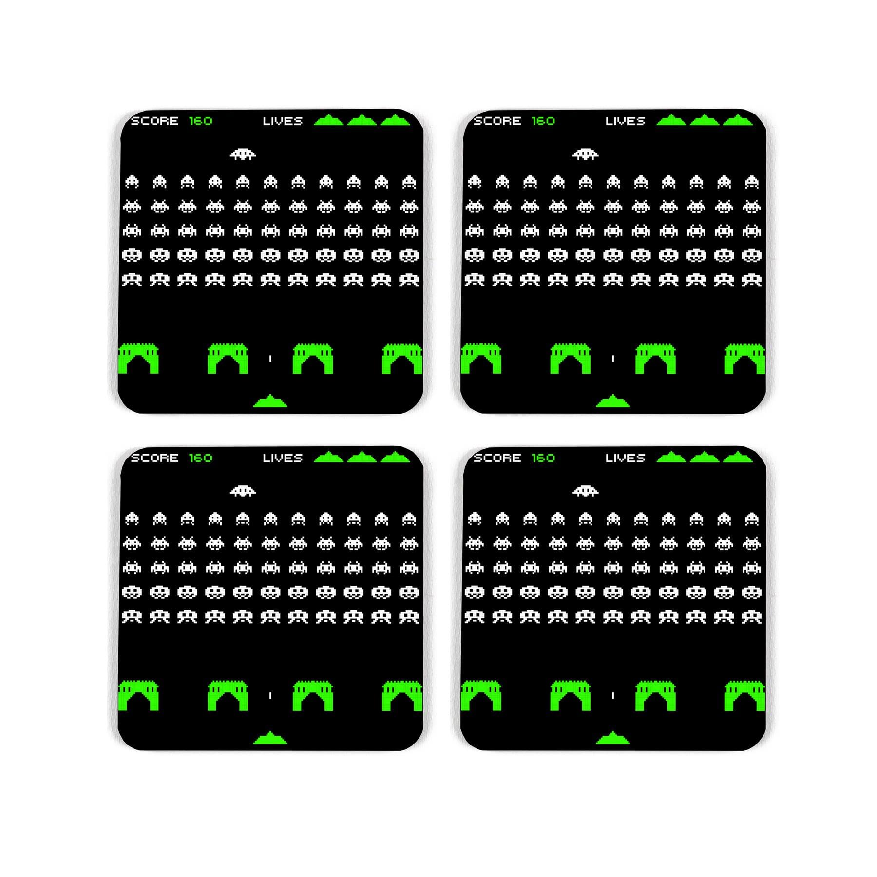 Arcade Space Aliens Cork Coaster Set - Retro Video Game Gift - Set of Four (4) Square Drinks Coasters