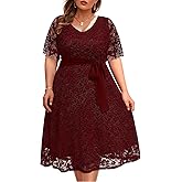 Women Plus Size Lace Bridal Shower Wedding Guest Cocktail Semi Formal V Neck Short Sleeve Midi Dresses