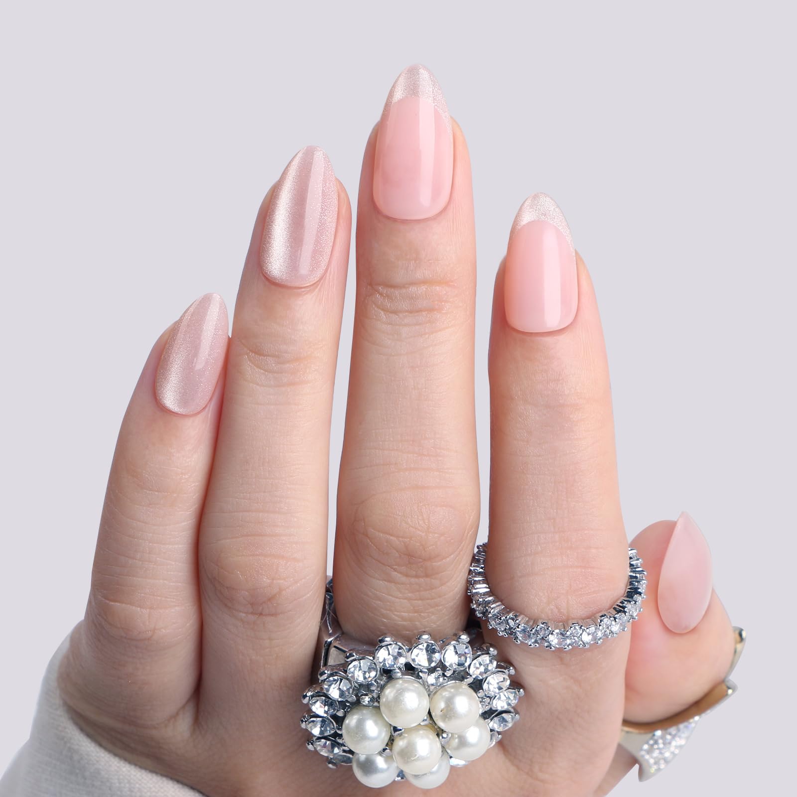 Photo 1 of Polychrome&air Press On Nails- Enchanted Reverie | Short Almond Pink White Cat Eye French Tip Press On Nails | 15 Sizes False Nails | Reusable Fake Nails with Glue On Nails Kit Set | Salon Quality