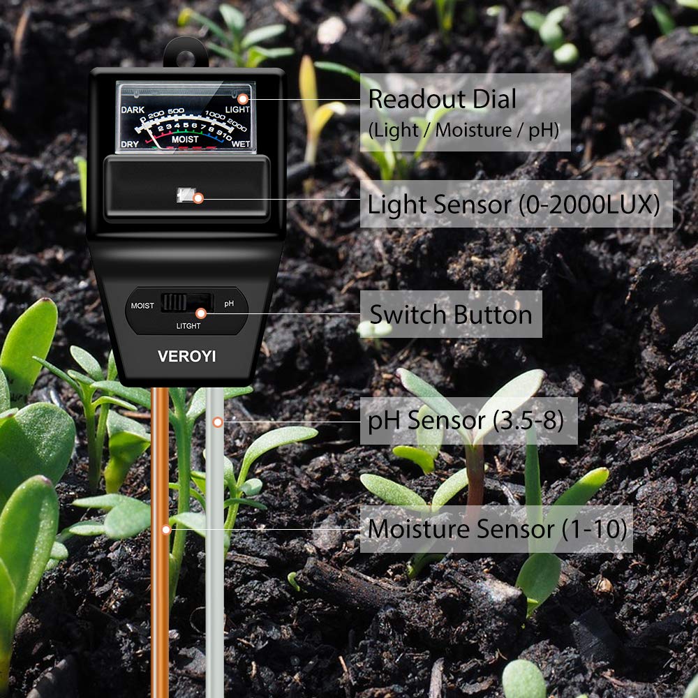 Veroyi ST04 Soil Tester, 3-in-1 Plant Soil Moisture/pH/Light Tester for Gardener (Black)