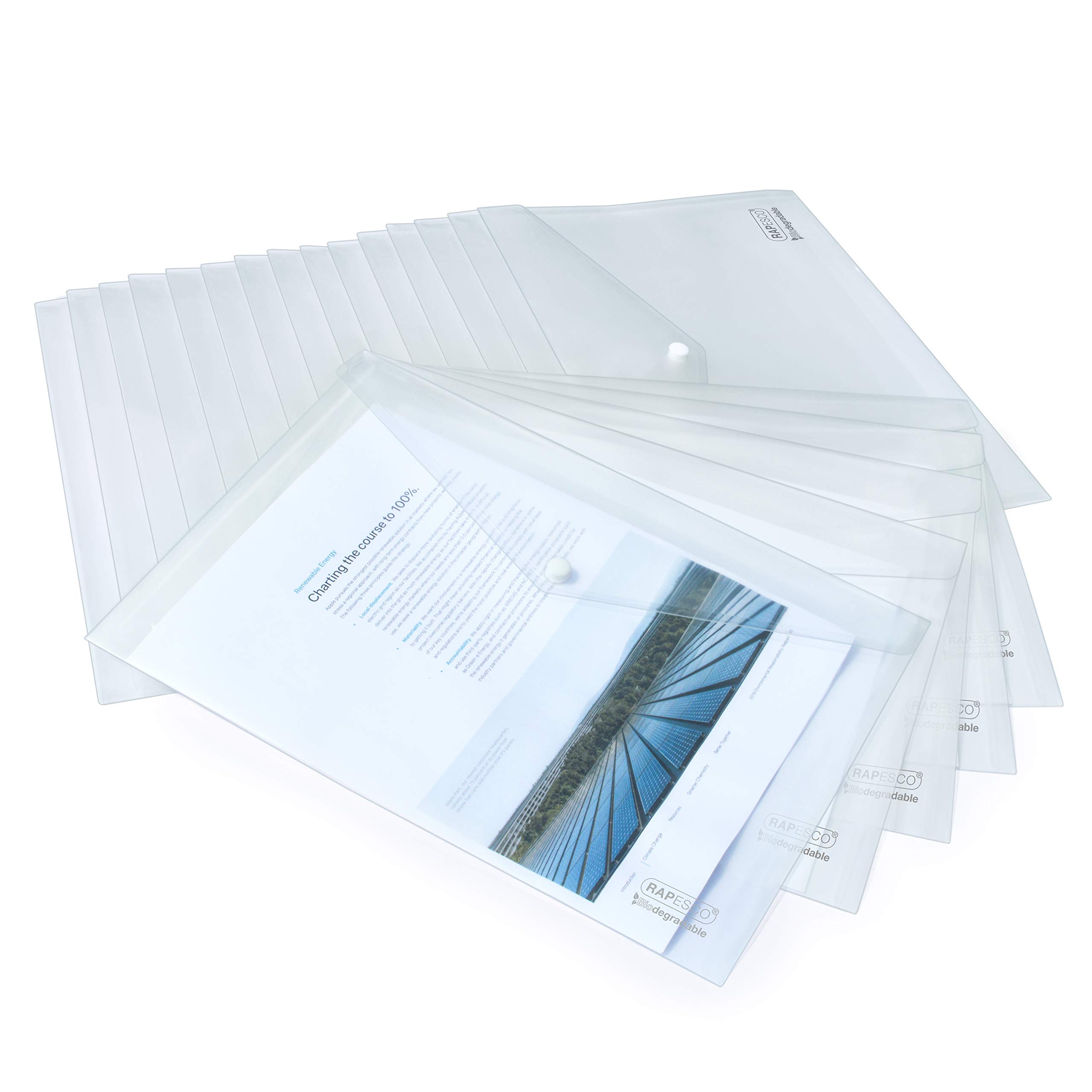 Rapesco 1587 ECO Popper Wallets, Foolscap / A4+, Clear Transparent, Pack of 20