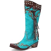 YIYA Women's Star Cowboy Boots Black and White Cowgirl Boots with White Stars Pointed Toe Chunky Low Heel Pull-On Wide Calf Western Embroidered Boots