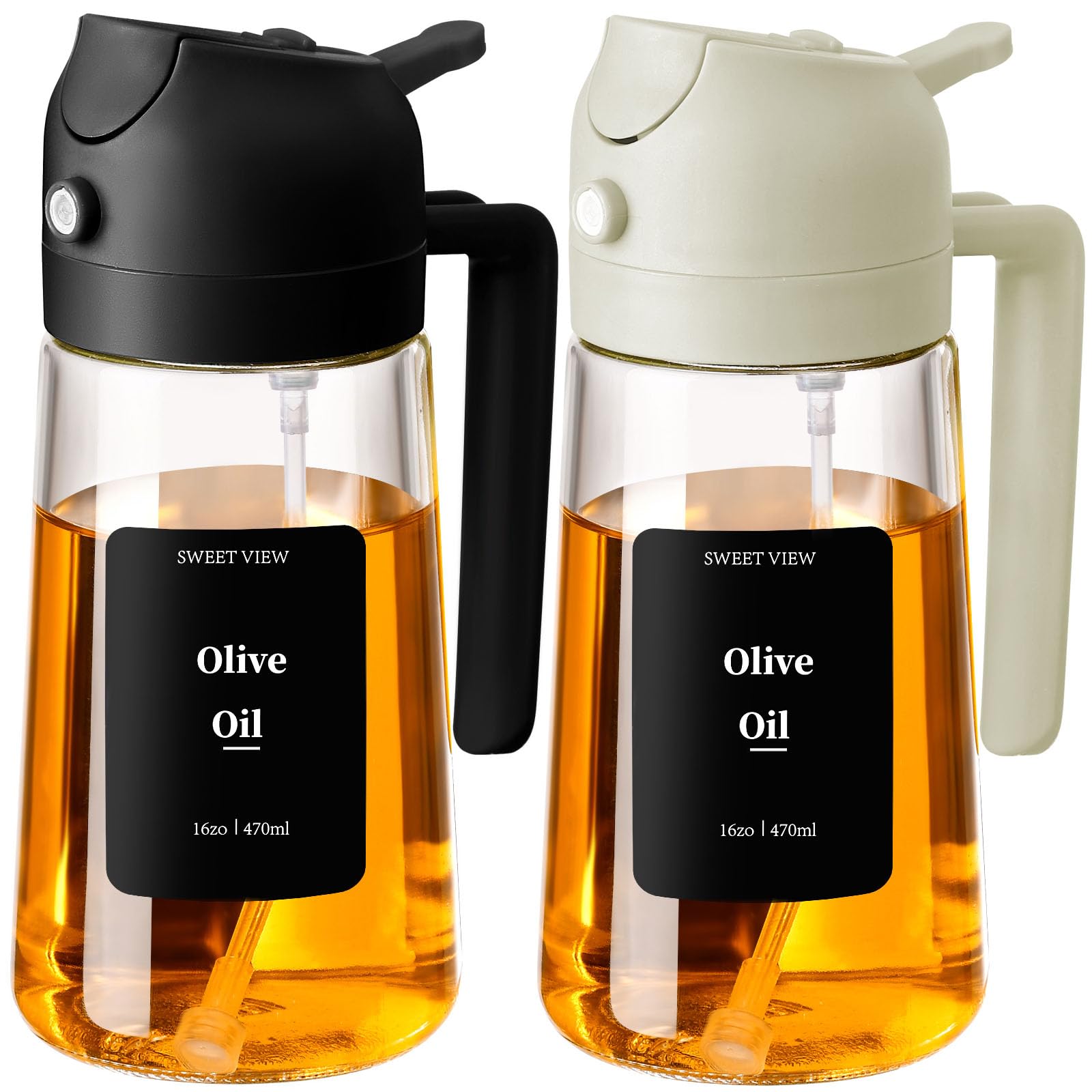 SWEET VIEW 2PCS Olive Oil Sprayer for Cooking, 470ml 2 In 1 Glass Oil Sprayr & Pour/Dispenser for Kitchen, Air Fryer, Cooking, Salad, BBQ with Stickers (Black,White)