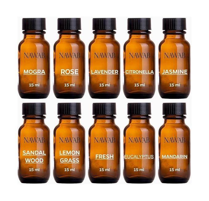 NAWAB Essential Aroma Diffuser Oil (Fresh, Mandarin, Lavender, Lemongrass, Rose, Jasmine, Citronella, Eucalyptus, Sandalwood & Mogra - 15ml Each)