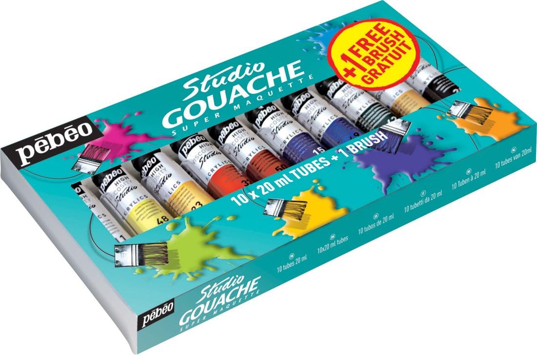 PEBEO Studio Gouache Starter Painting Set 10 x 20ml Tubes and Brush, 20 ml (Pack of 10), clear
