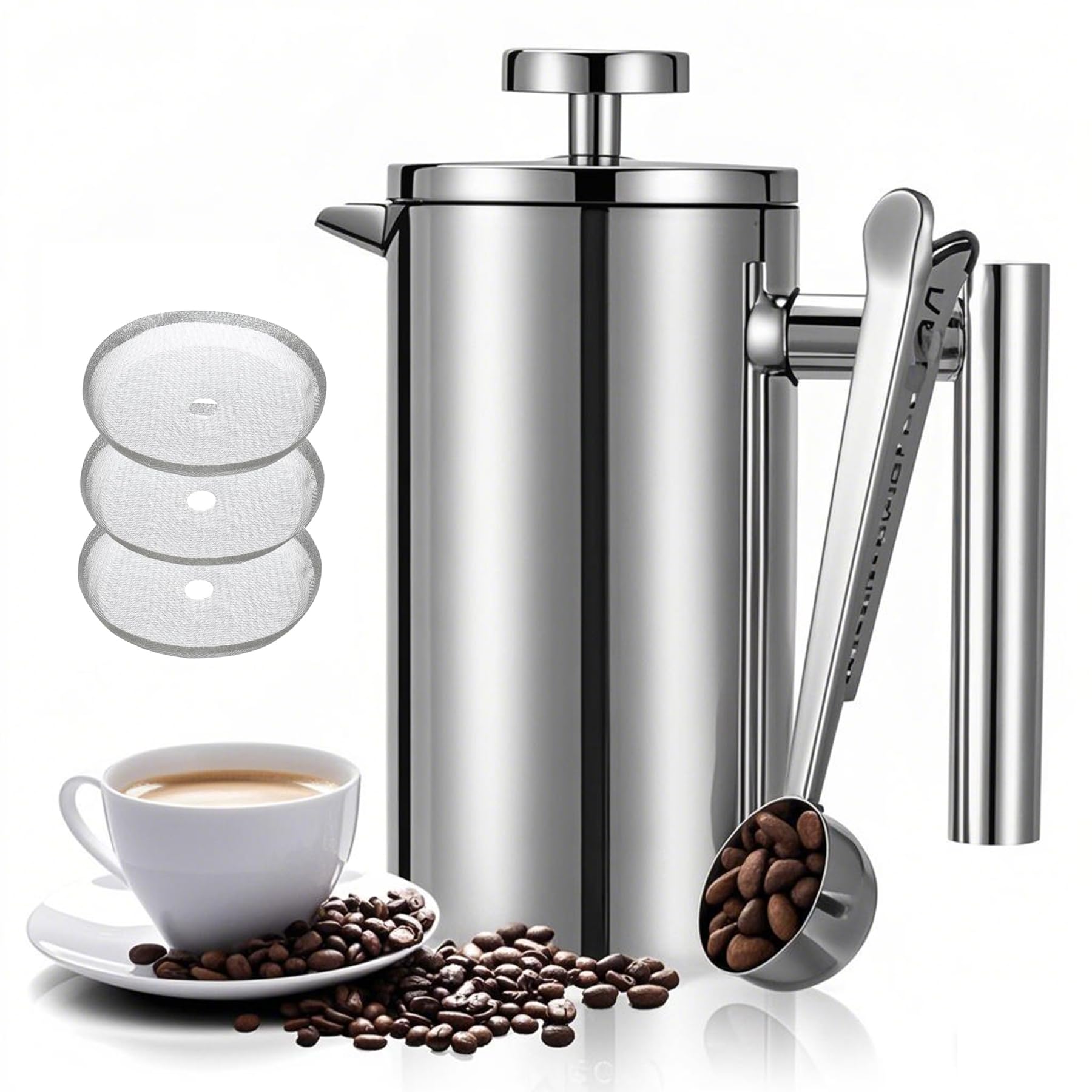 Wrobic Cafetiere French Press Coffee Maker, 1000ml/34oz Double-Wall Insulated Stainless Steel, 3 Level Filtration System, French Press for Home, Camping and Office (6 cup to 8 cup)