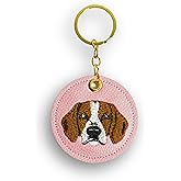 VUHALA Pink French Bulldog Embroidered Keychain – Handmade PU Leather Dog Bag Charm for Women, Cute Purse Accessory