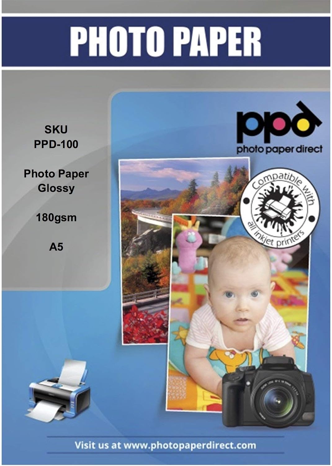 PPD 100 Sheets A5 Inkjet Glossy Photo Paper 180gsm Instant Dry Water-Resistant PPD-100-100, White