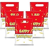 50 Pcs Happy Birthday Party Favor Bags, Red White Lightning Bolts Plastic Goodie Treat Bags with Handles, Cartoon Candy Gift Bag for Kids Birthday Baby Shower Party Supplies Decorations