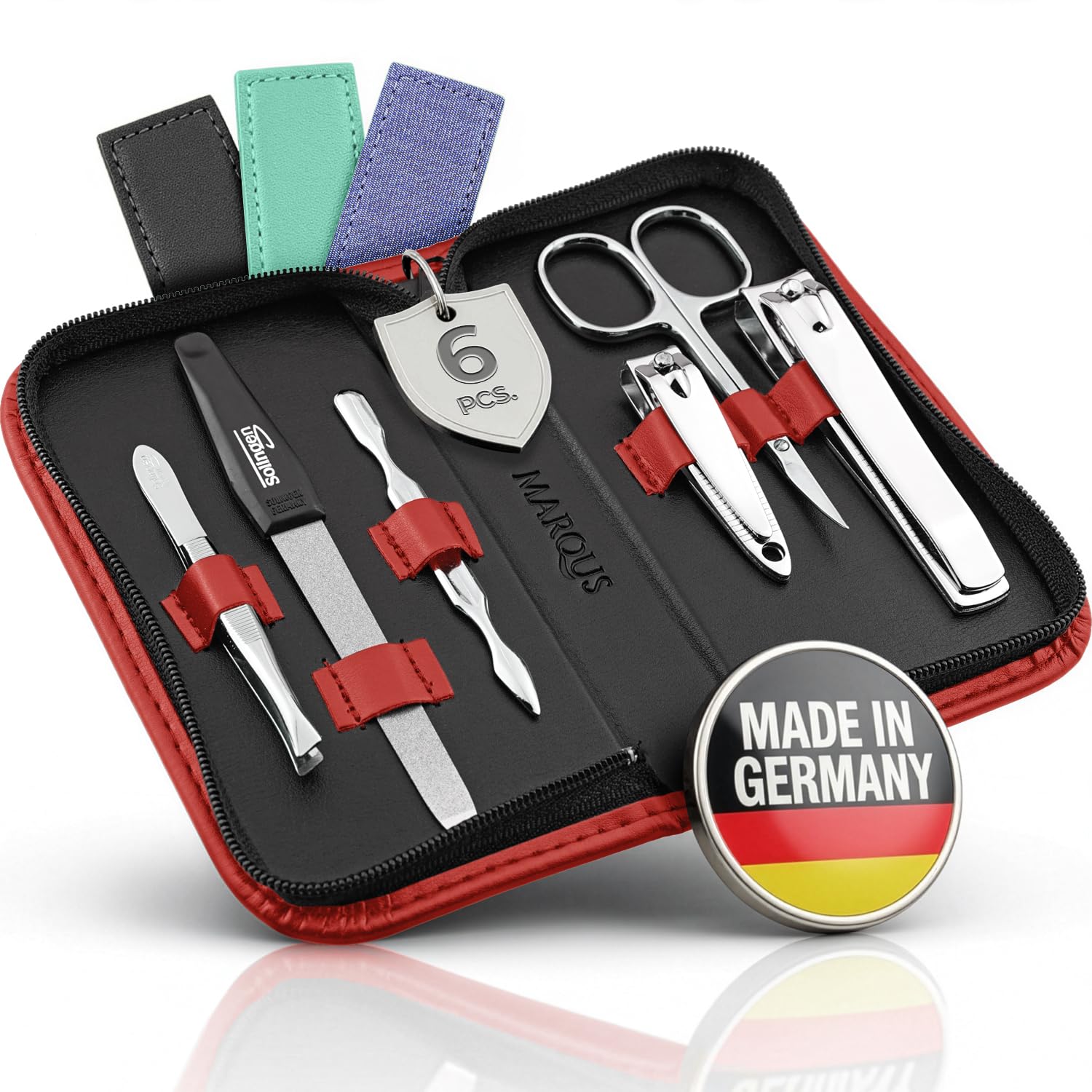 Solingen Manicure Set for Women and Men - 6-Piece Nail Grooming Kit - Pedicure Tools - Ideal for Travelling, as a present and home use, Red