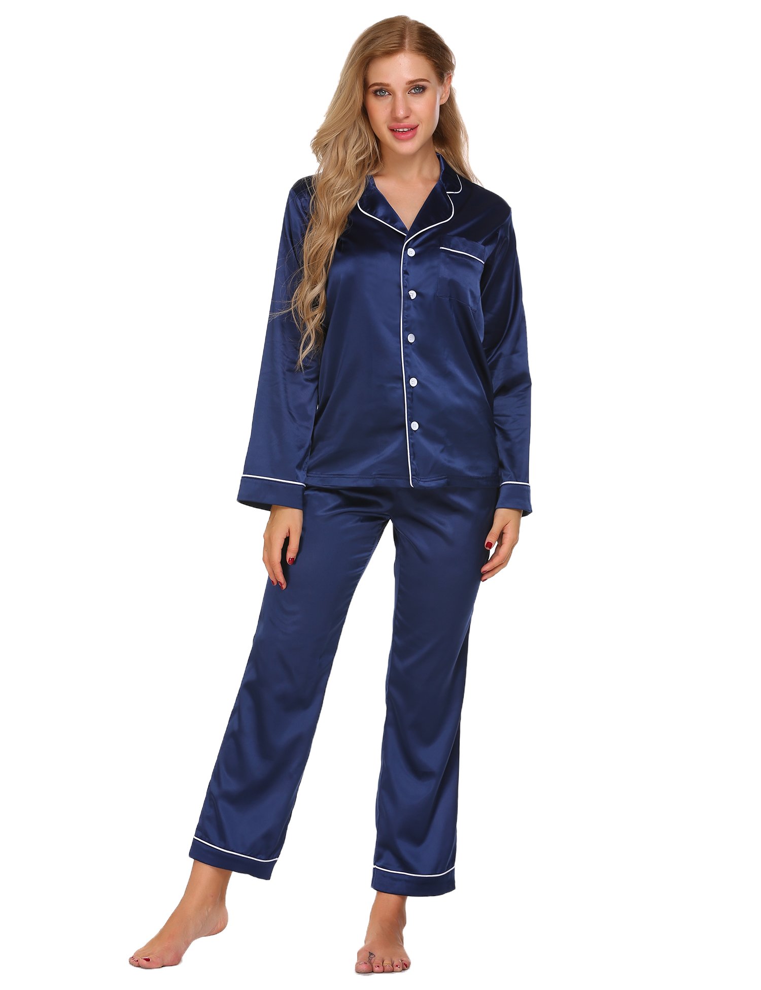 Womens Long Sleeve Sleepwear Satin Pajama Set V Neck Top Elastic Waist Long Pants Button-Down Loungewear