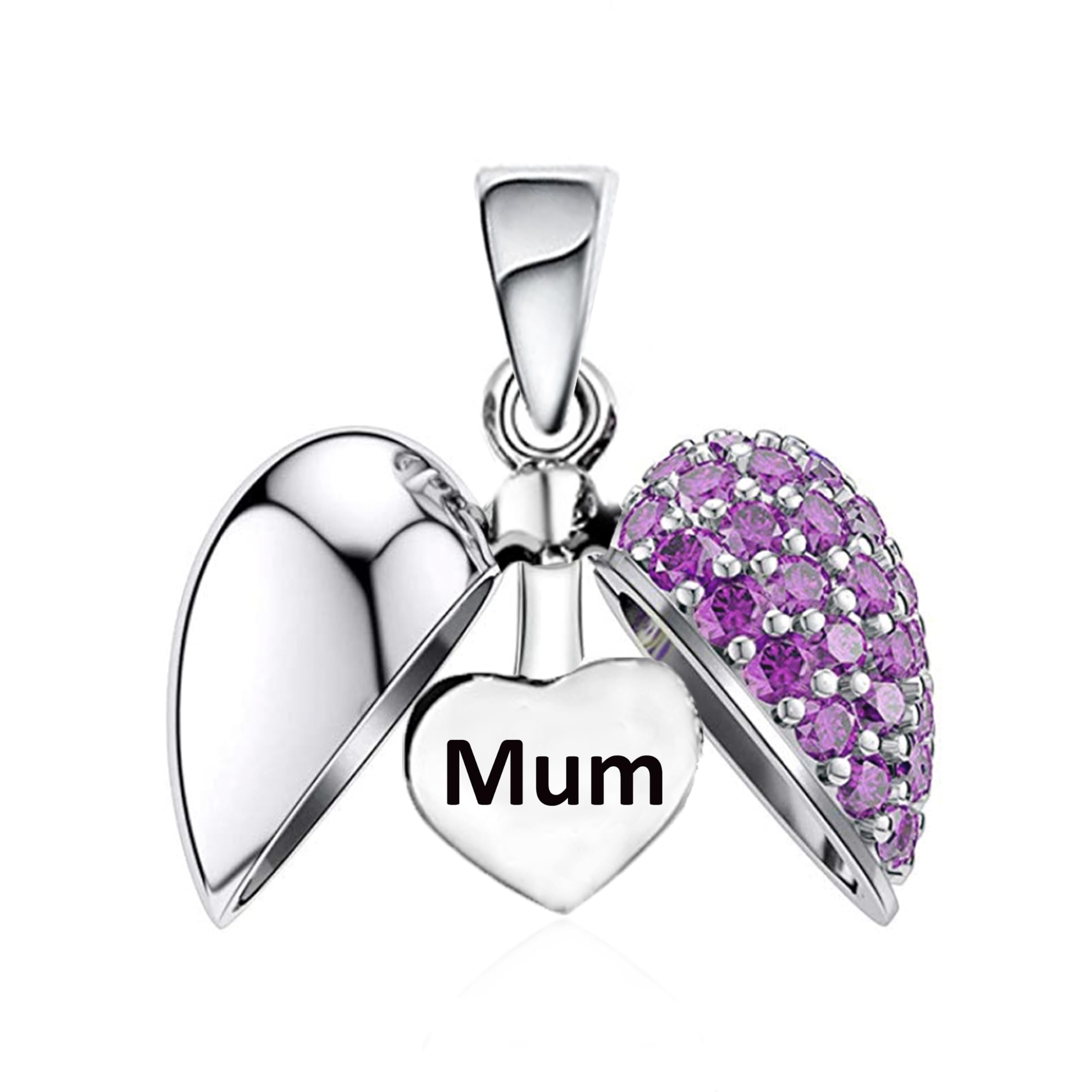 Mum Love Heart Charm for Pandora Moments Bracelets or Necklace 925 Sterling Silver Purple Crystal Bead - Gift Box
