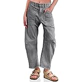 PLNOTME Womens Baggy Barrel Horseshoe Jeans High Waisted Wide Leg Vintage Denim Pants with Front Pockets