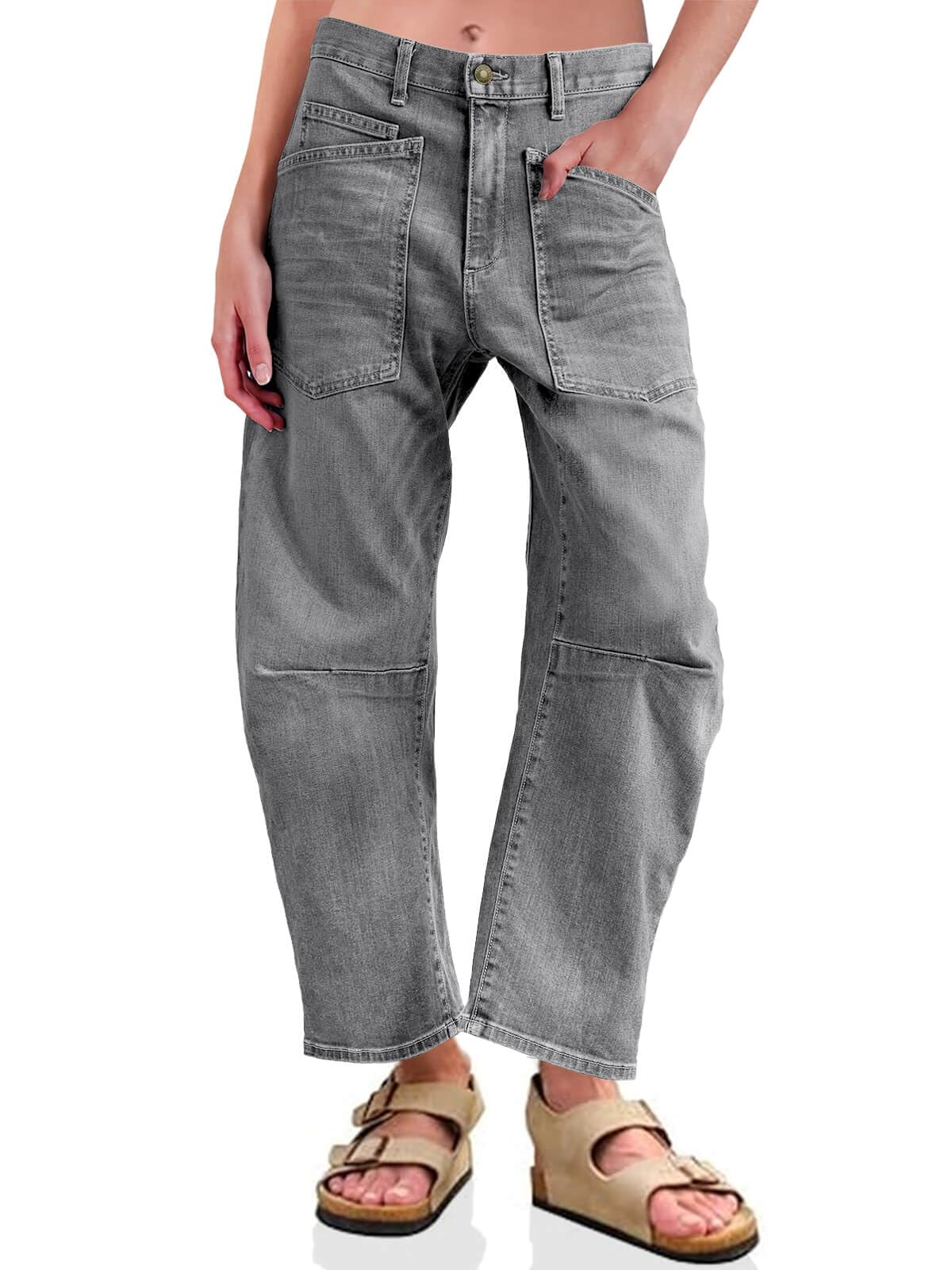 Photo 1 of PLNOTME Womens Baggy Barrel Horseshoe Jeans High Waisted Wide Leg Vintage Denim Pants with Front Pockets Dark Grey size 6